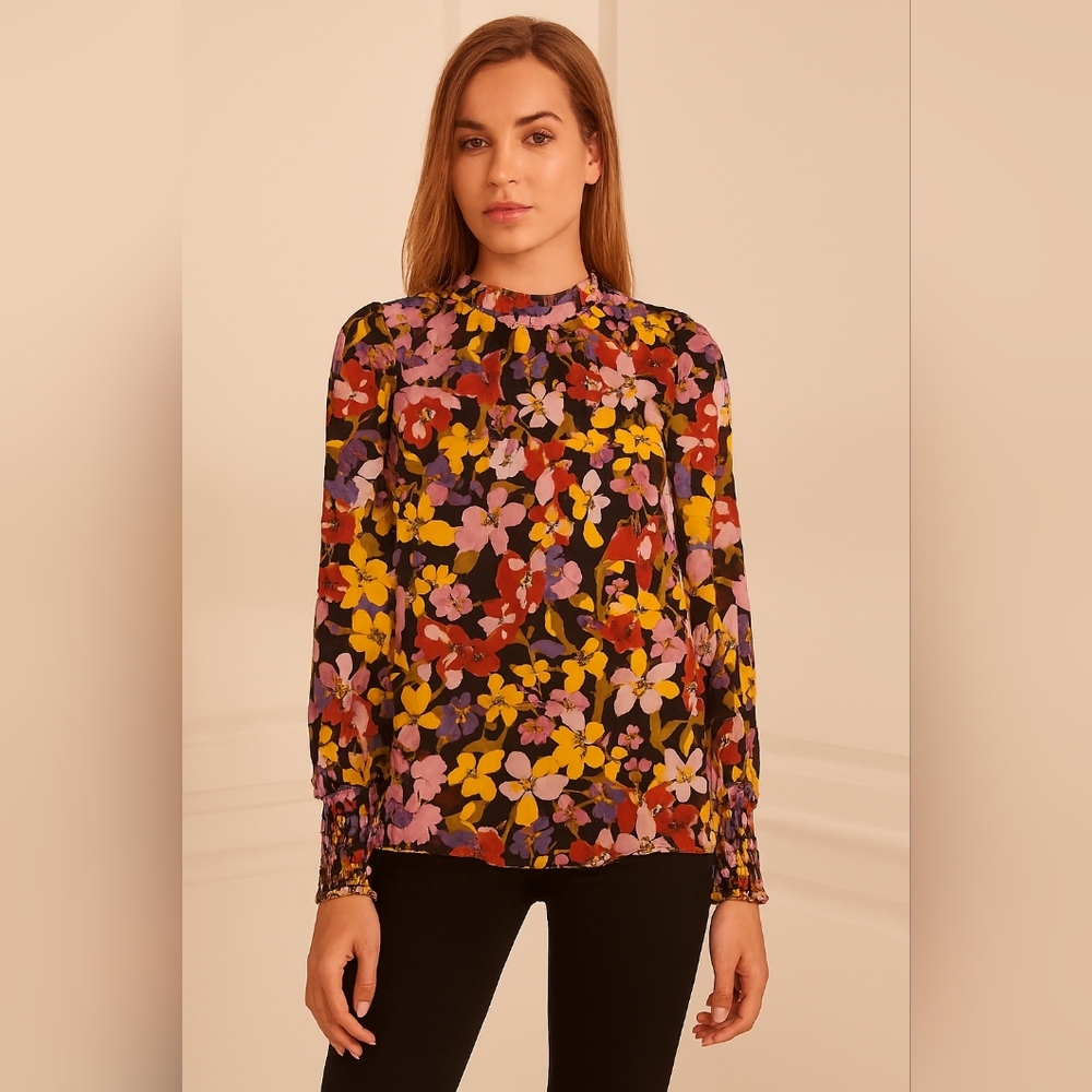 WHO WHAT WEAR colorful Office M‎ Western Floral Cottagecore Long Sleeve Blouse